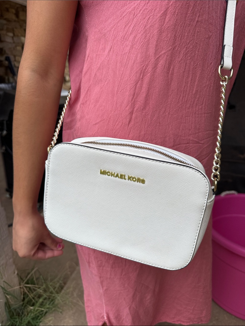 Michael Kors White Crossbody with Gold Logo and Chain Strap